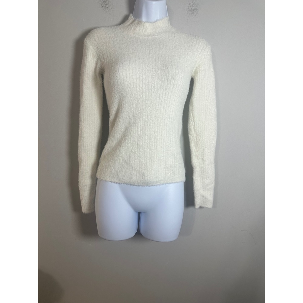 Zara Womens Cream Fuzzy Eyelash Knit Mock Neck Sweater Small Ribbed Ivory Soft